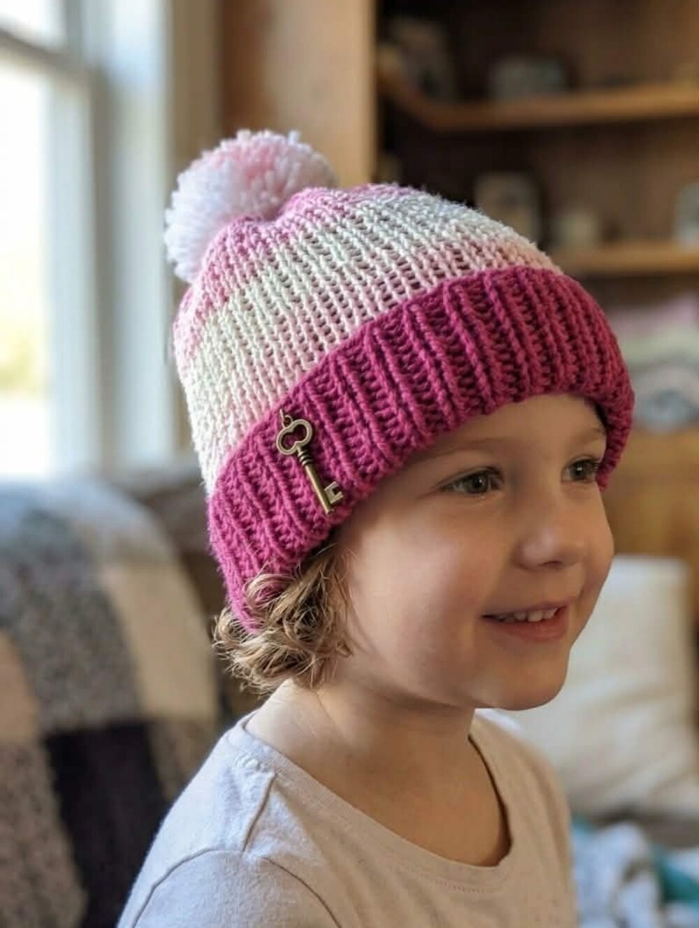Kids Pink Gradient Pom Pom Beanie Hat NWT